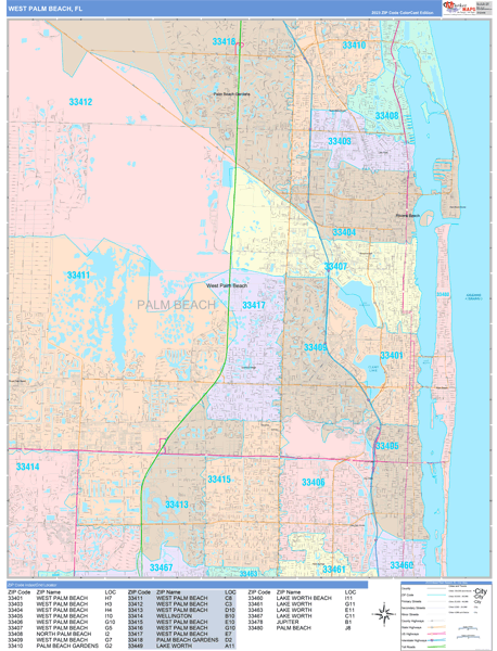 West Palm Beach City Wall Map Color Cast Style